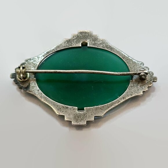 Art Deco Brooch, Sterling Silver, Chrysoprase, Marcasite, Stone, 1920s, 1930s - Picture 4 of 4
